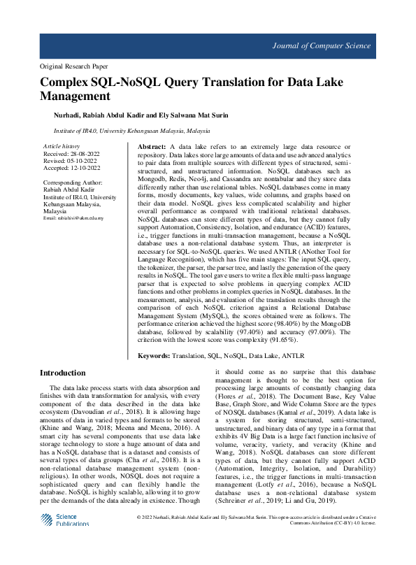 (PDF) Complex SQL-NoSQL Query Translation for Data Lake Management