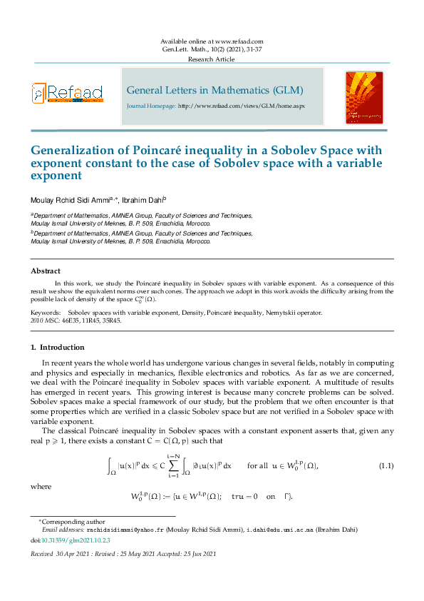 (PDF) Generalization of Poincar ´e inequality in a Sobolev Space with exponent constant to the