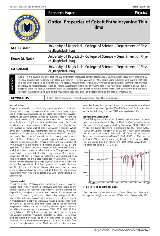 (PDF) Optical Properties of Cobalt Phthalocyanine Thin Films Eman