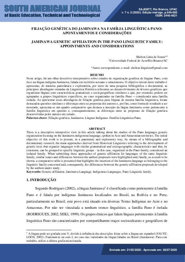 (PDF) Filiação Genética Do Jaminawa Na Família Linguística Pano