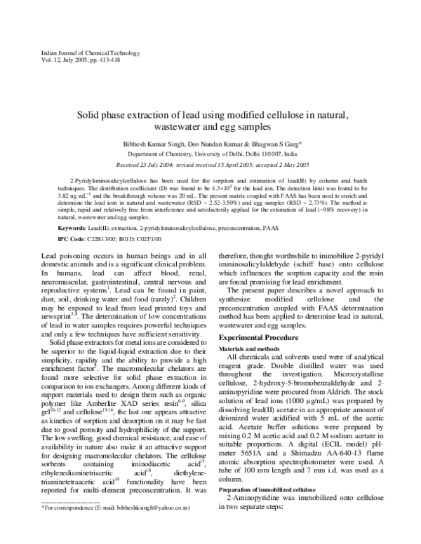 (PDF) Solid phase extraction of lead using modified cellulose in ...