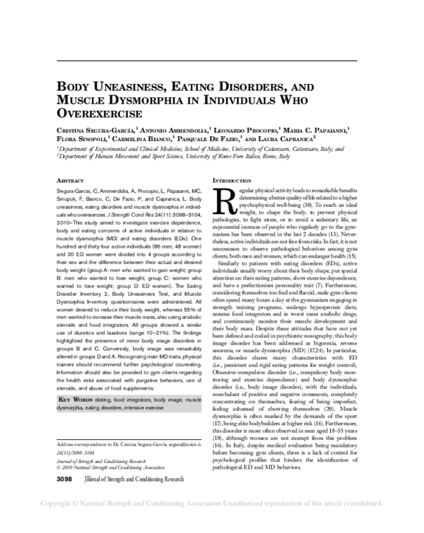 (PDF) Body Uneasiness, Eating Disorders, and Muscle Dysmorphia in Individuals Who Overexercise