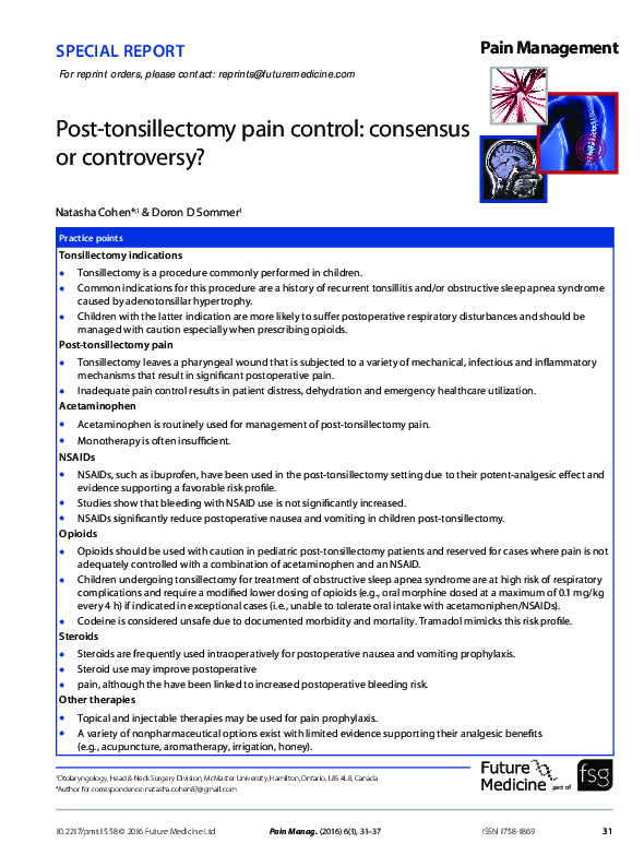 Pdf Post Tonsillectomy Pain Control Consensus Or Controversy