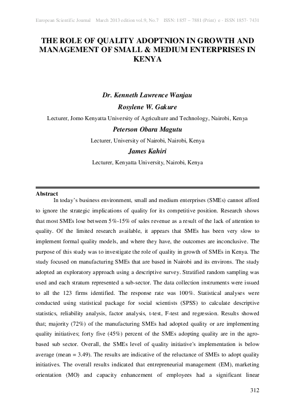 (PDF) The Role Of Quality Adoptnion In Growth And Management Of Small ...