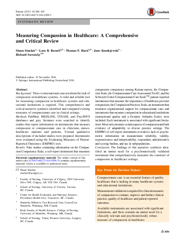 (PDF) Measuring Compassion in Healthcare: A Comprehensive and Critical ...