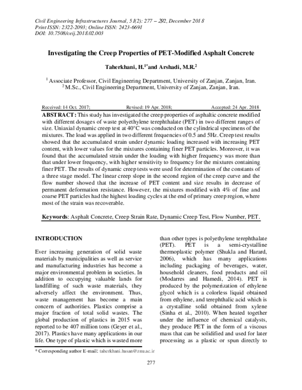 (PDF) Investigating the Creep Properties of PET-Modified Asphalt Concrete