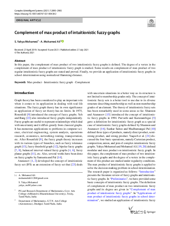 (PDF) Complement of max product of intuitionistic fuzzy graphs
