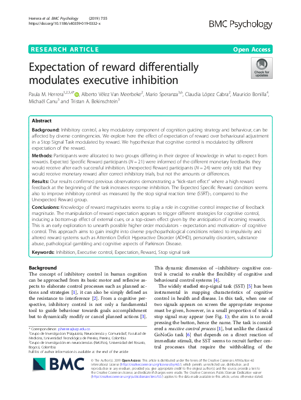 (PDF) Expectation of reward differentially modulates executive inhibition