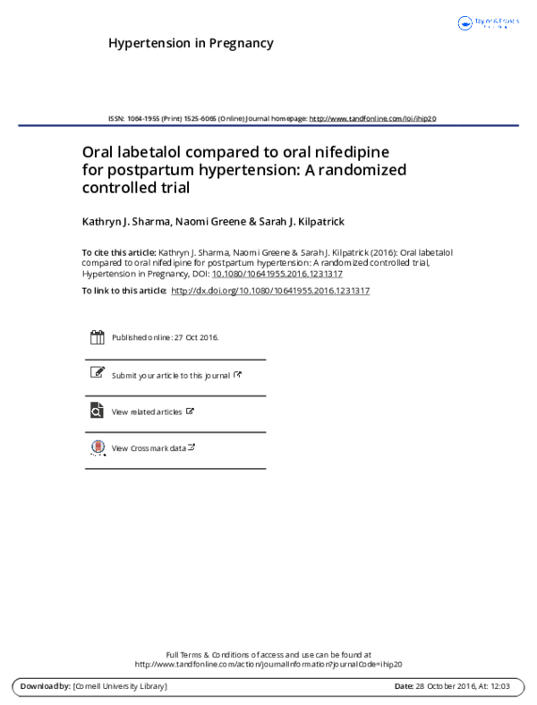 (PDF) Oral labetalol compared to oral nifedipine for postpartum