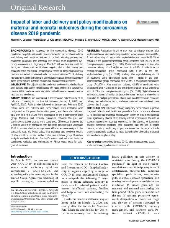 (PDF) Impact of labor and delivery unit policy modifications on ...