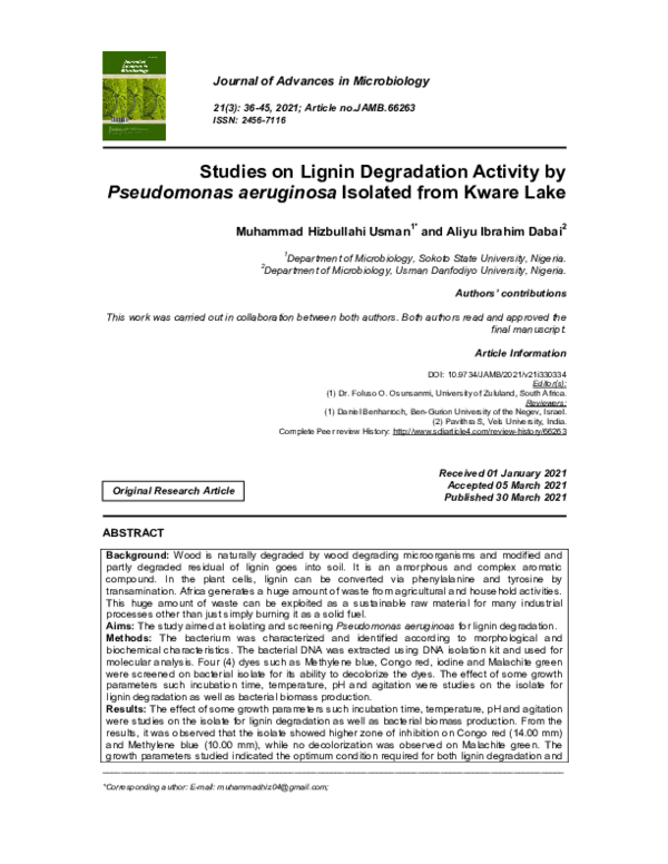 (PDF) Studies on Lignin Degradation Activity by Pseudomonas aeruginosa