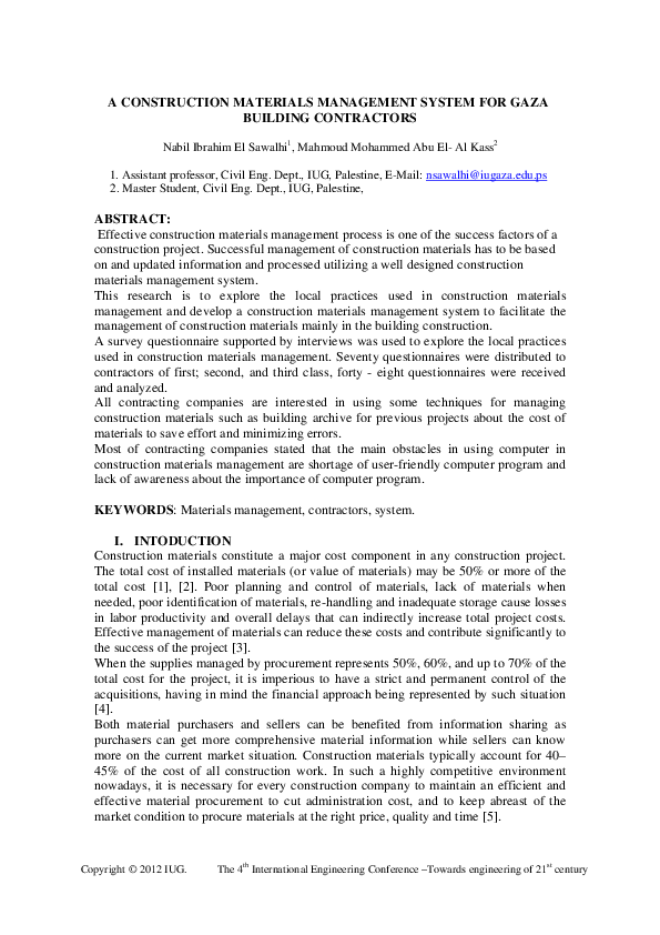 PDF) A Construction Materials Management System for Gaza Building 
