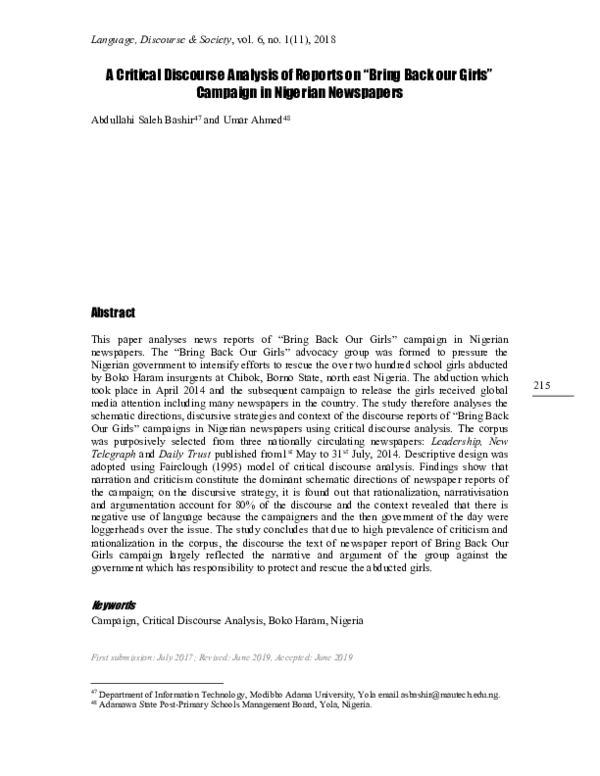 (PDF) A Critical Discourse Analysis of Reports on “Bring Back our Girls ...