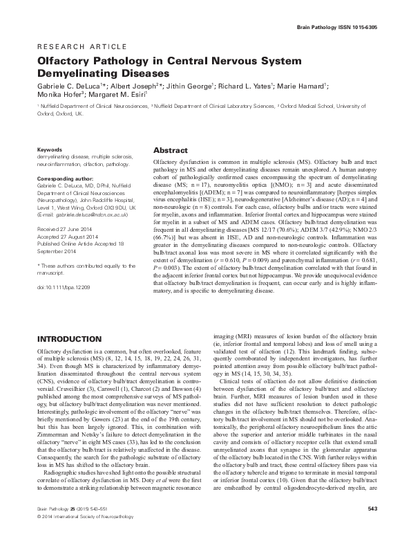 (PDF) Olfactory Pathology in Central Nervous System Demyelinating Diseases