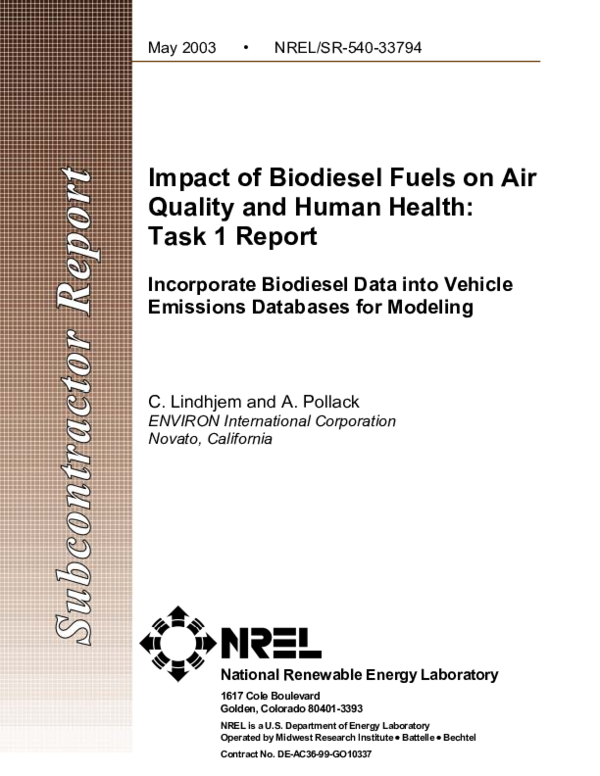 (PDF) Impact of Biodiesel Fuels on Air Quality and Human Health: Task 1 ...