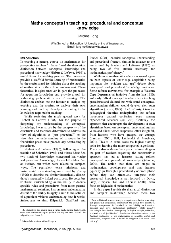 (PDF) Maths concepts in teaching: Procedural and conceptual knowledge
