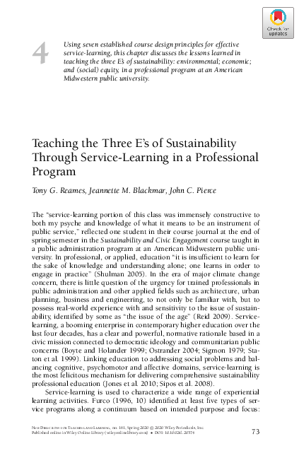 (PDF) Teaching the Three E's of Sustainability Through Service‐Learning ...