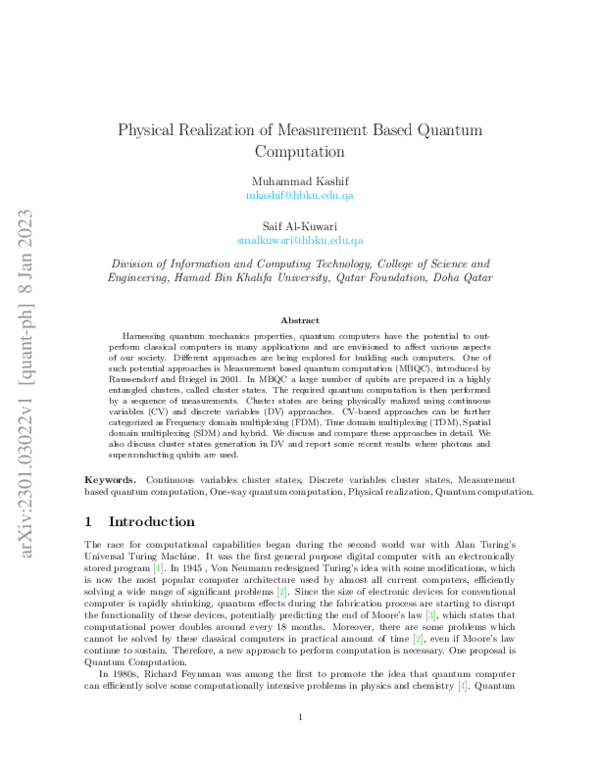 (PDF) Physical Realization of Measurement Based Quantum Computation