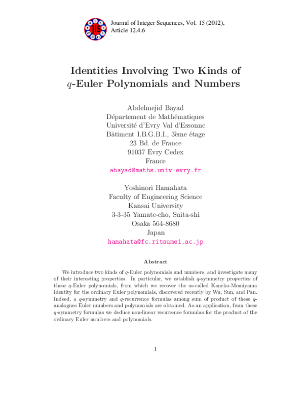 (PDF) Identities involving two kinds of q-Euler polynomials and numbers