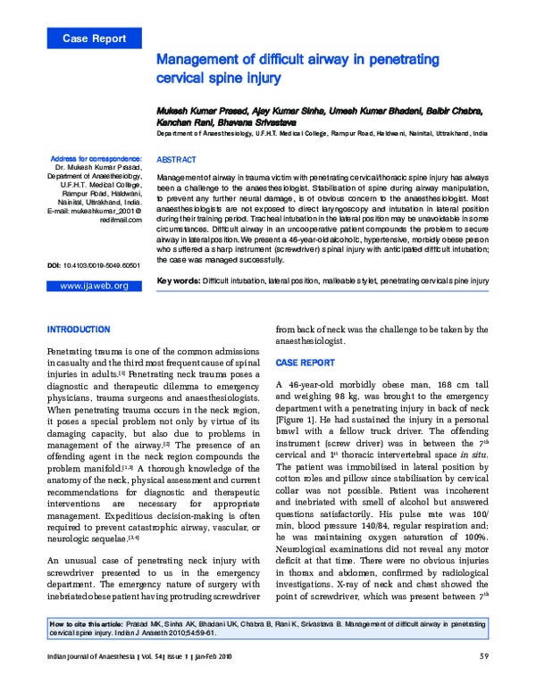 (PDF) Management of difficult airway in penetrating cervical spine injury