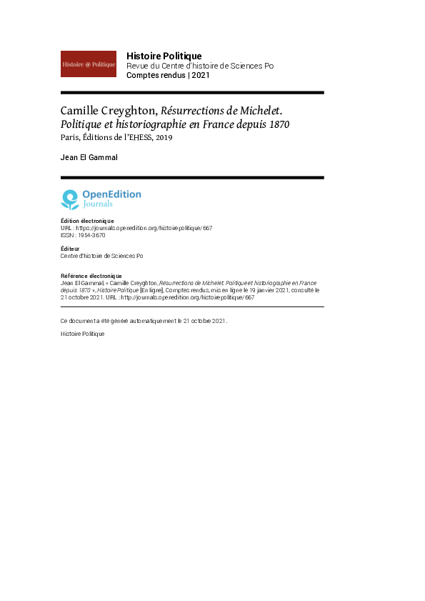 Camille Creyghton, Résurrections de Michelet. Politique et historiographie en France depuis 1870