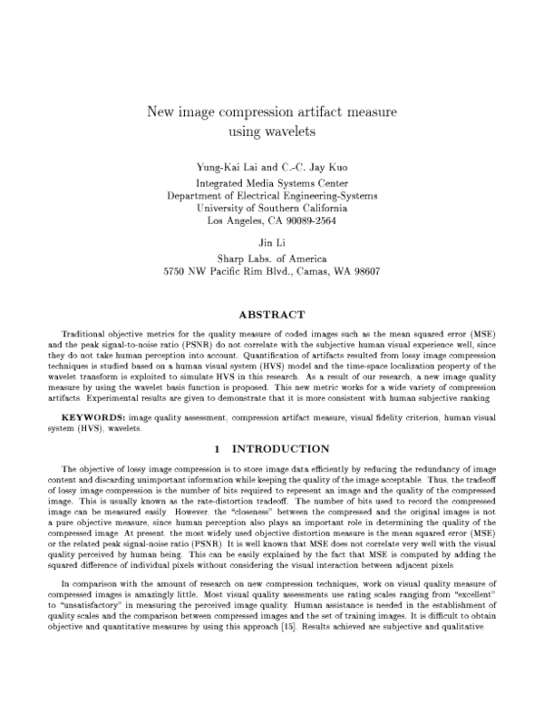 (PDF) New image compression artifact measure using wavelets