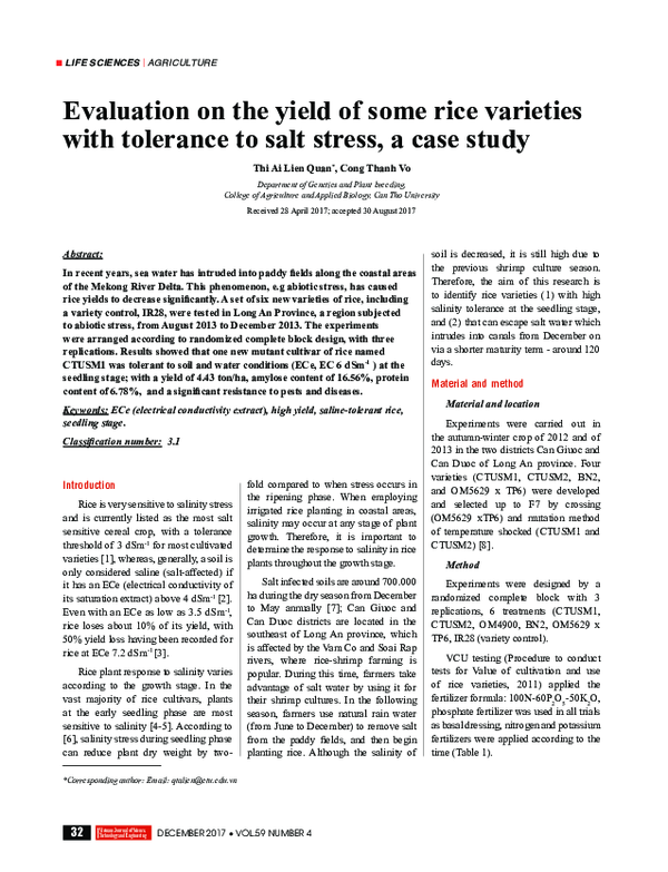 (PDF) Evaluation on the yield of some rice varieties with tolerance to ...