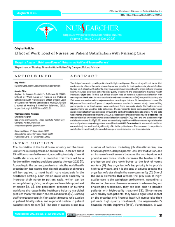 (PDF) Effect of Work Load of Nurses on Patient Satisfaction with ...