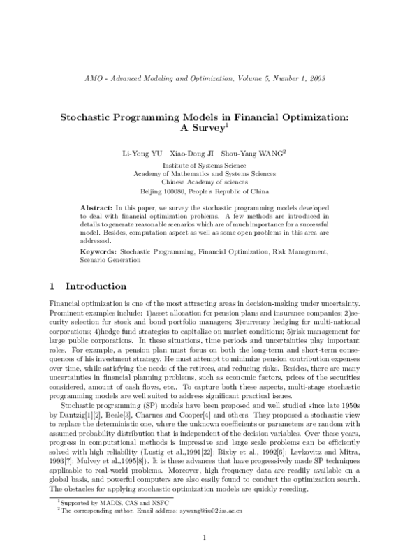 (PDF) Stochastic Programming Models In Financial Optimization: A Survey