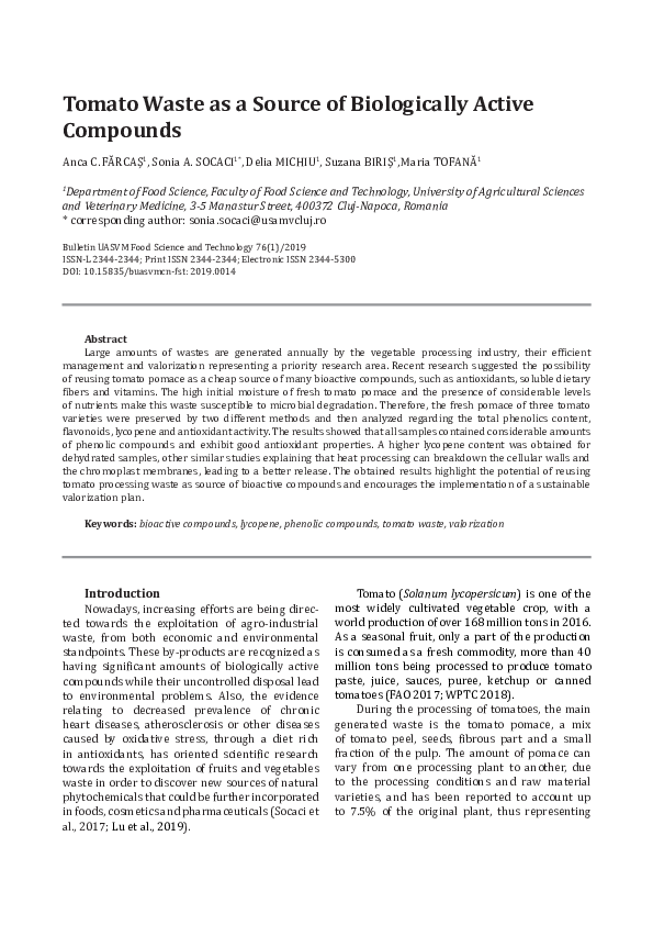 (PDF) Tomato Waste as a Source of Biologically Active Compounds