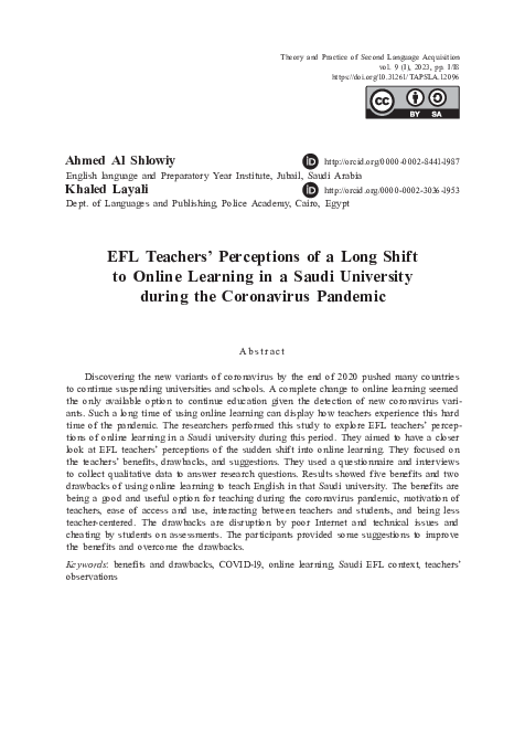 (PDF) EFL Teachers’ Perceptions of a Long Shift to Online Learning in a ...