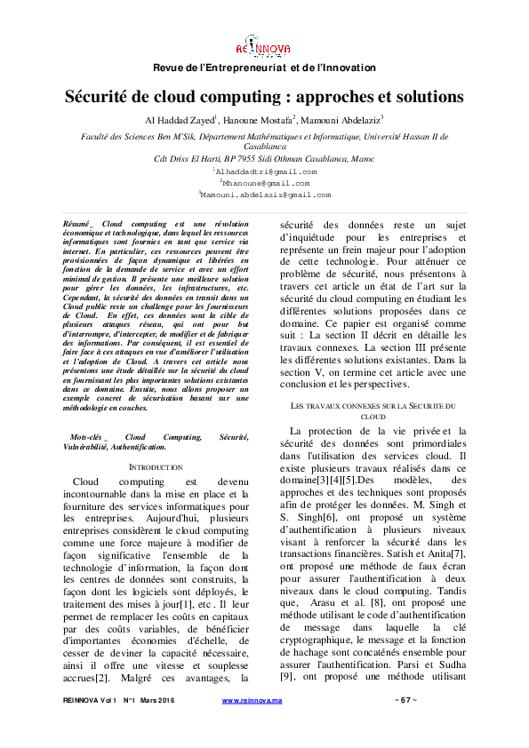 (PDF) Sécurité de cloud computing : approches et solutions