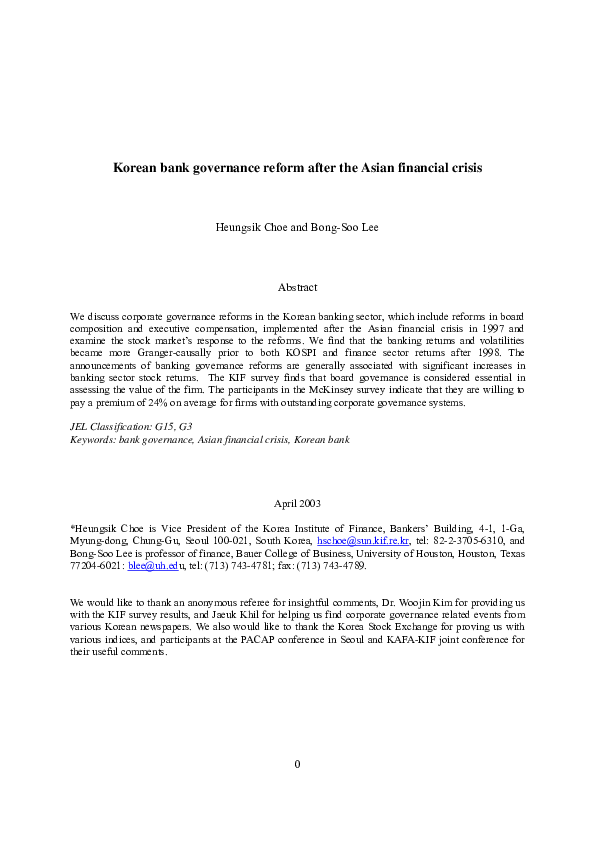 (PDF) Korean bank governance reform after the Asian financial crisis