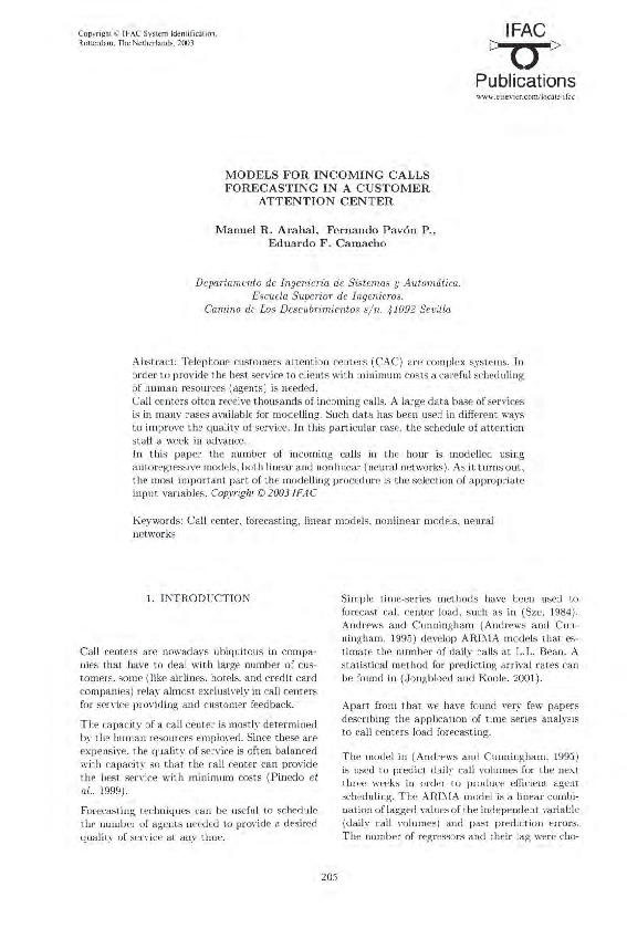 (PDF) Models for incoming calls forecasting in a customer attention center
