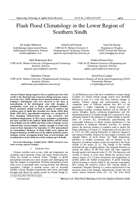 (PDF) Flash Flood Climatology in the Lower Region of Southern Sindh