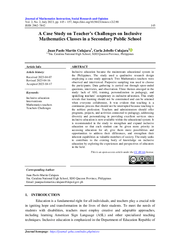 (PDF) A Case Study on Teacher’s Challenges on Inclusive Mathematics ...