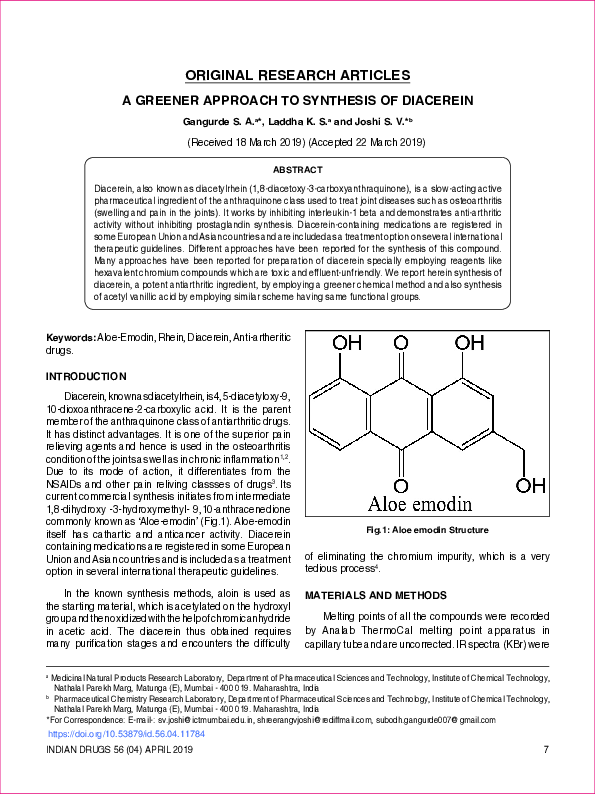 (PDF) A Greener Approach to Synthesis of Diacerein