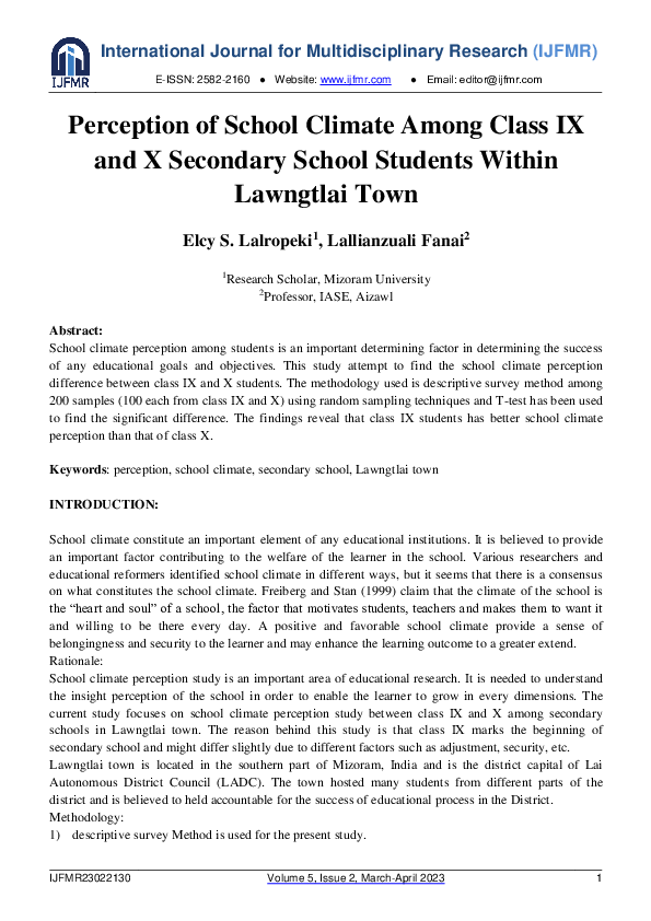 (PDF) Perception of School Climate among Class IX and X Secondary ...