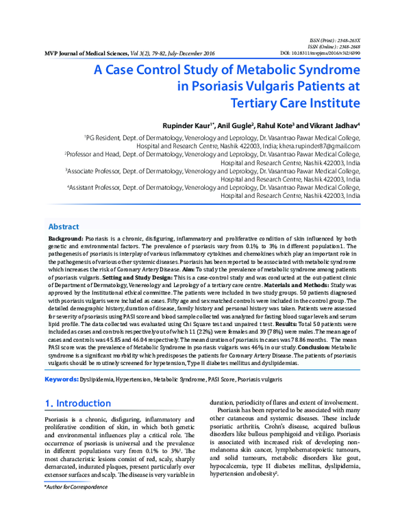 (PDF) A Case Control Study of Metabolic Syndrome in Psoriasis Vulgaris ...