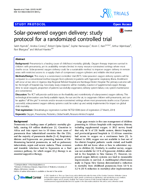 (PDF) Solar-powered oxygen delivery: study protocol for a randomized ...