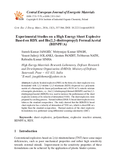 (PDF) Experimental Studies on a High Energy Sheet Explosive Based on ...