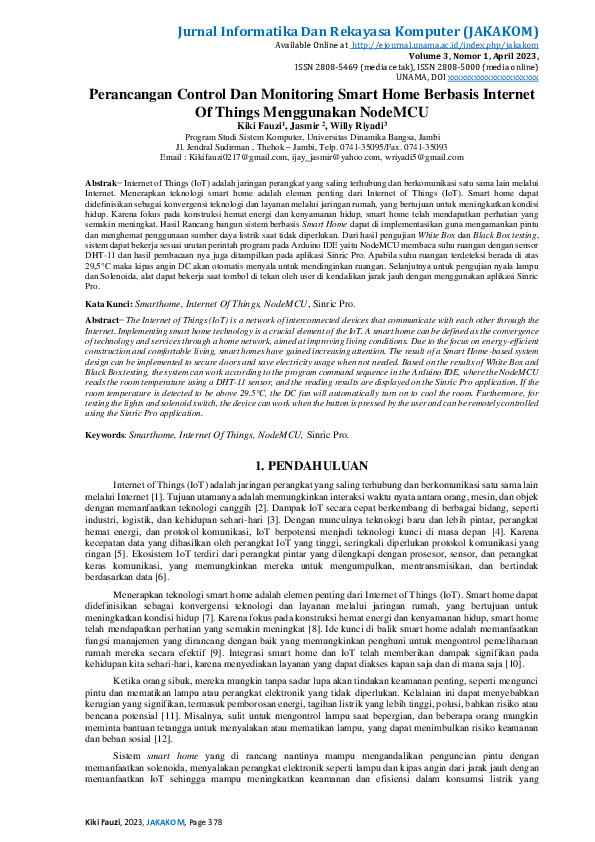 Pdf Perancangan Control Dan Monitoring Smart Home Berbasis Internet