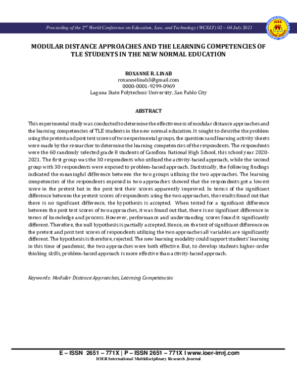 (PDF) Modular Distance Approaches and the Learning Competencies of Tle ...