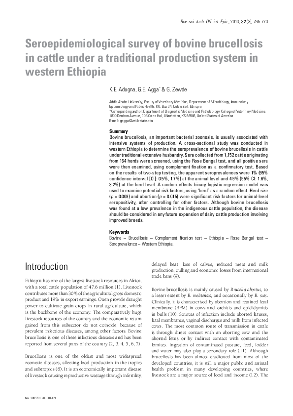 (PDF) Seroepidemiological survey of bovine brucellosis in cattle under ...
