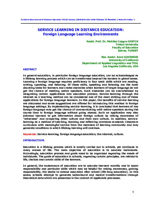 (PDF) NOTE FOR EDITOR: Service Learning In Distance Education: Foreign ...