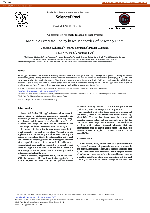 (PDF) Mobile Augmented Reality Based Monitoring of Assembly Lines