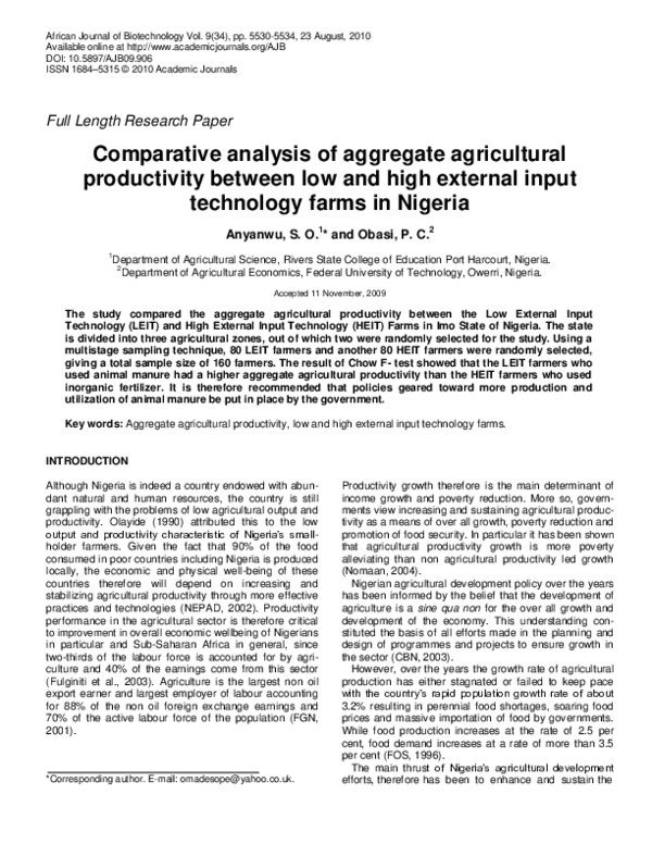(PDF) Comparative analysis of aggregate agricultural productivity