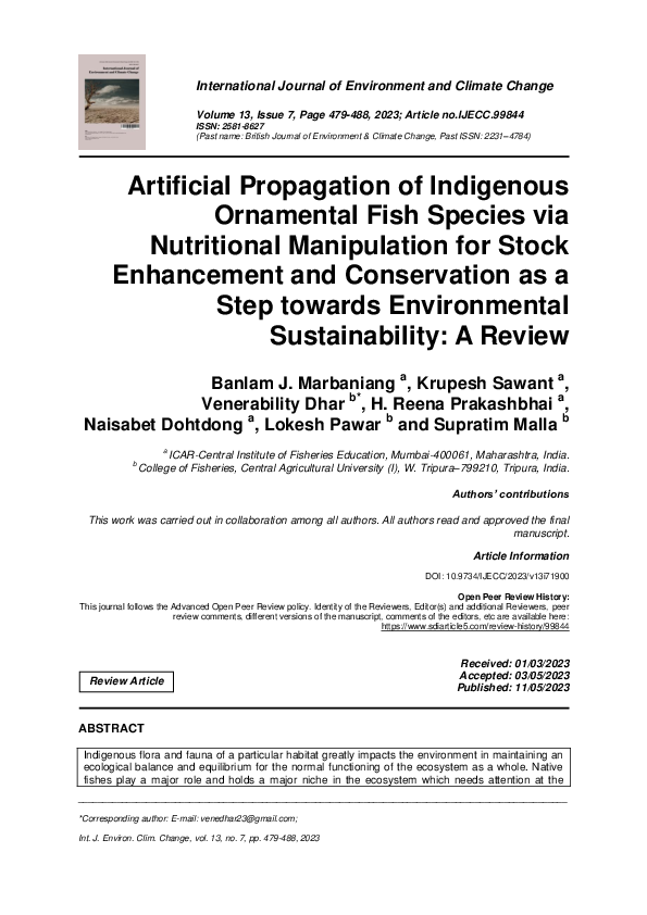 (PDF) Artificial Propagation of Indigenous Ornamental Fish Species via