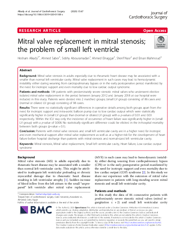 (PDF) Mitral valve replacement in mitral stenosis; the problem of small ...