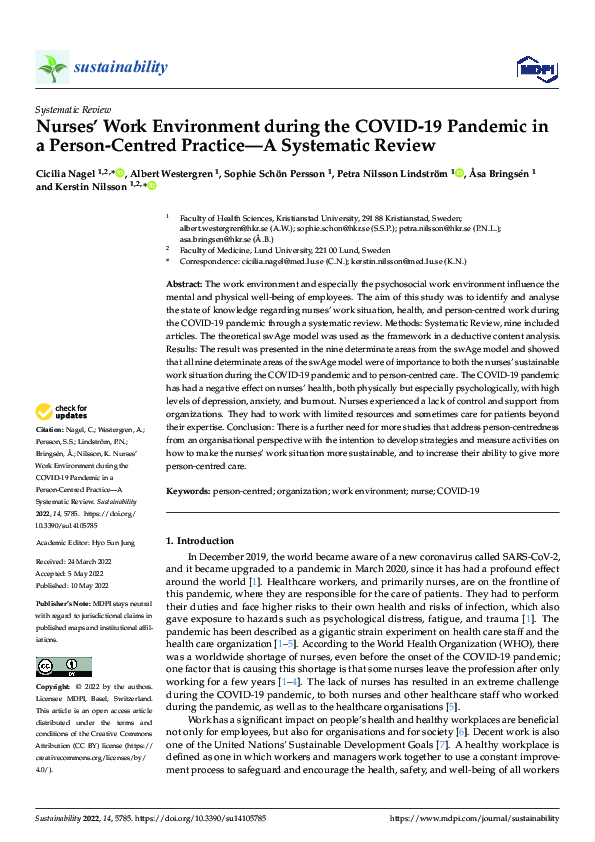 (PDF) Nurses’ Work Environment during the COVID-19 Pandemic in a Person ...